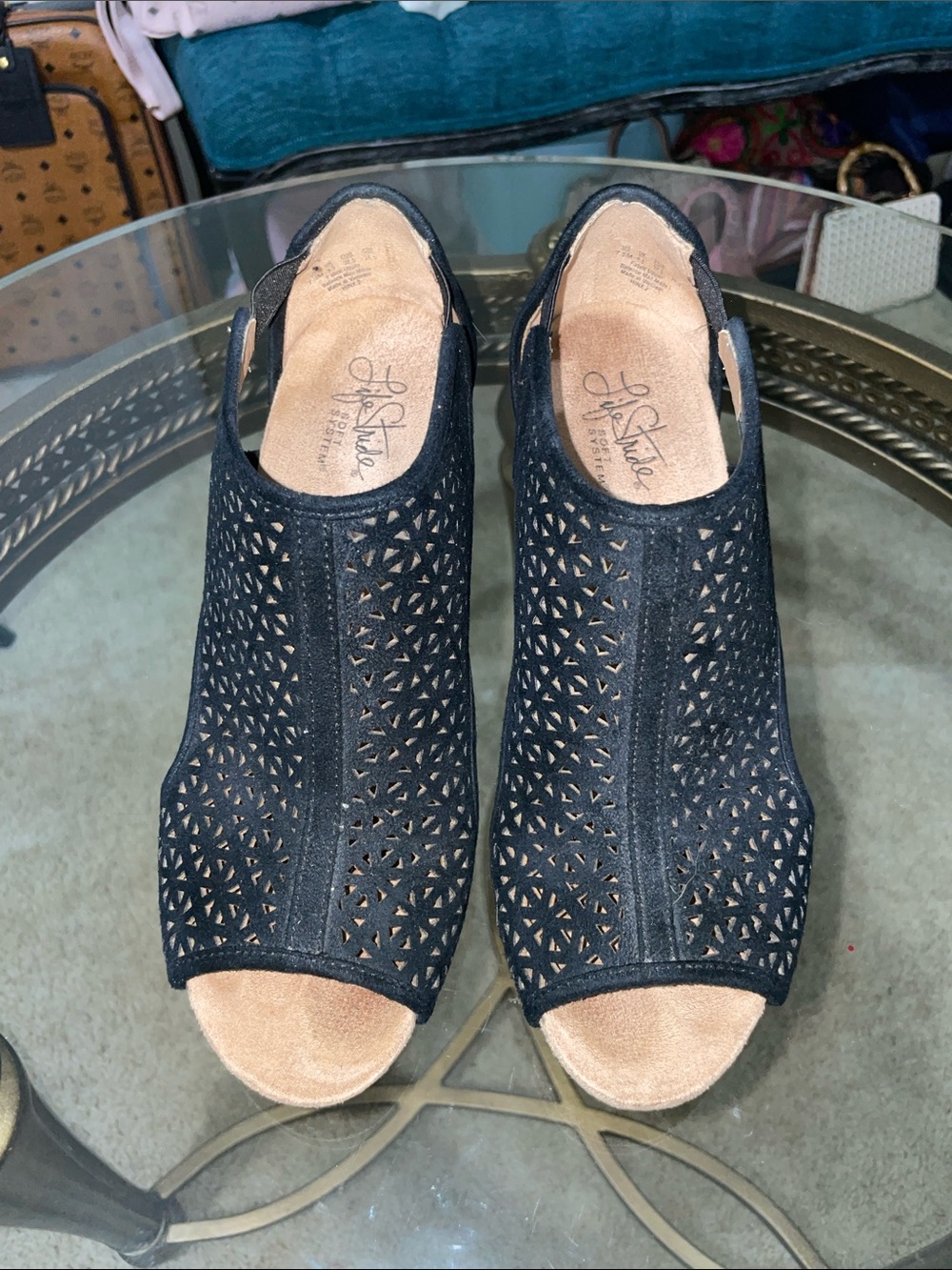 Life Stride Black Perforated Open-Toe Slingback Wedge Clogs
